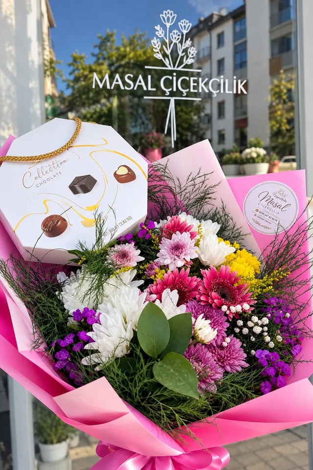 Hediye kutulu pembe buket — Masal Dekor Darende çiçekçilik