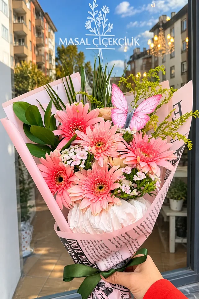 Pembe gerbera buketi — Masal Dekor Darende çiçekçilik
