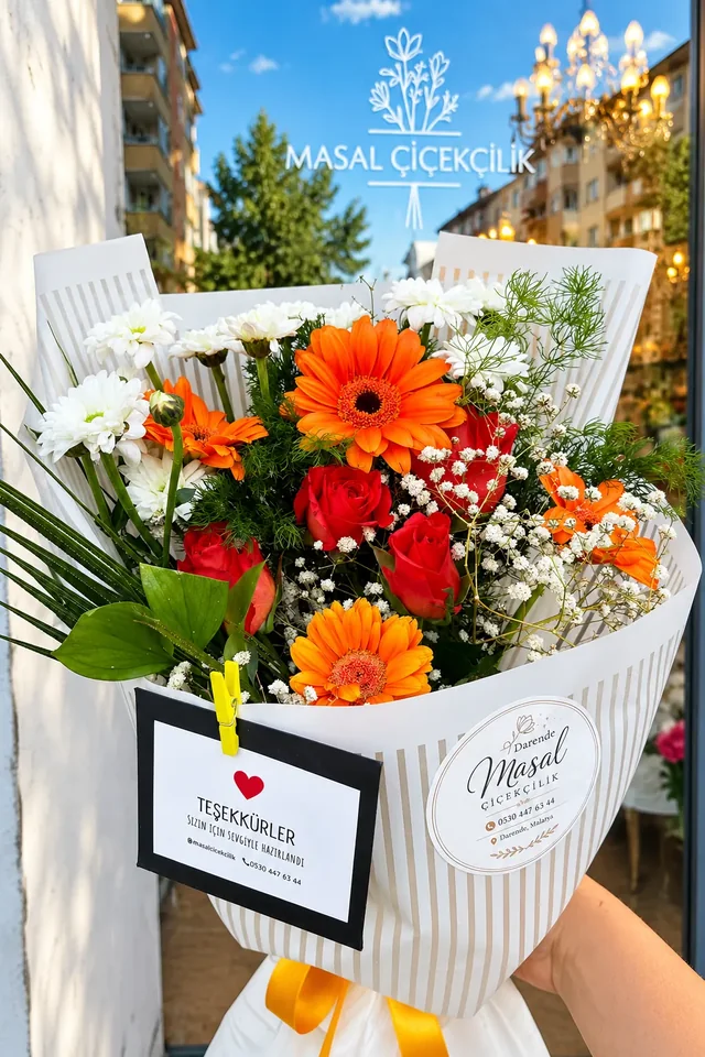 Turuncu gerbera buketi — Masal Dekor Darende çiçekçilik